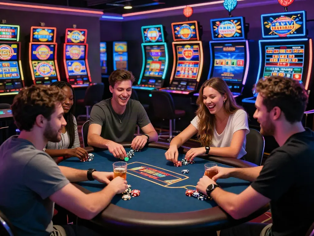 Players enjoying online gaming at C168, celebrating wins with colorful casino elements and digital interfaces.