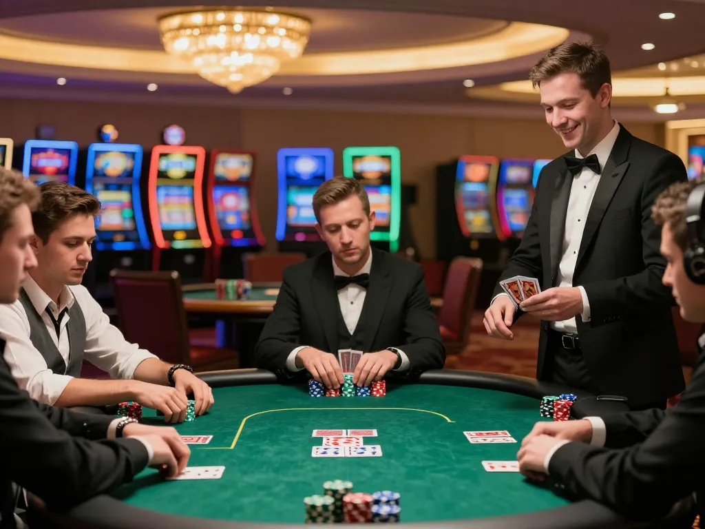 Players at U888 poker table display intense focus while engaging in gameplay amidst an elegant casino atmosphere