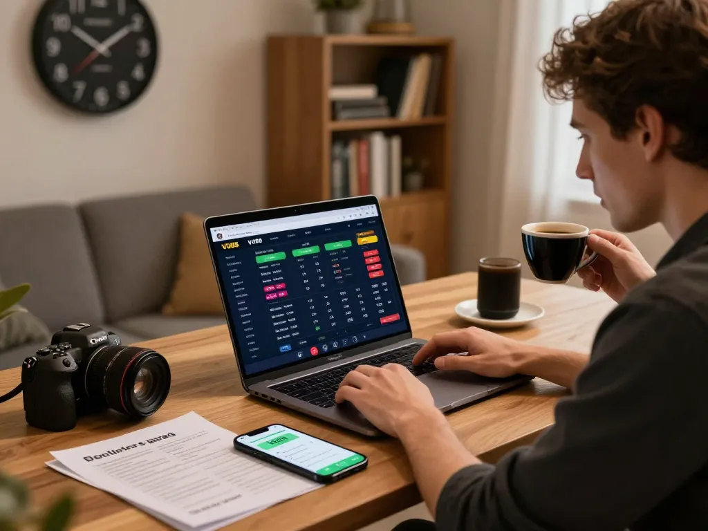 Engaged user navigating the VU88 online betting site on their laptop in a cozy home office.