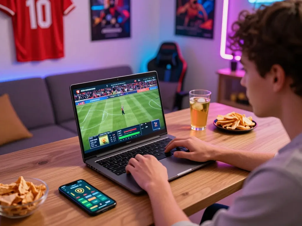 78win user engaging in dynamic sports betting from home with laptop and smartphone.
