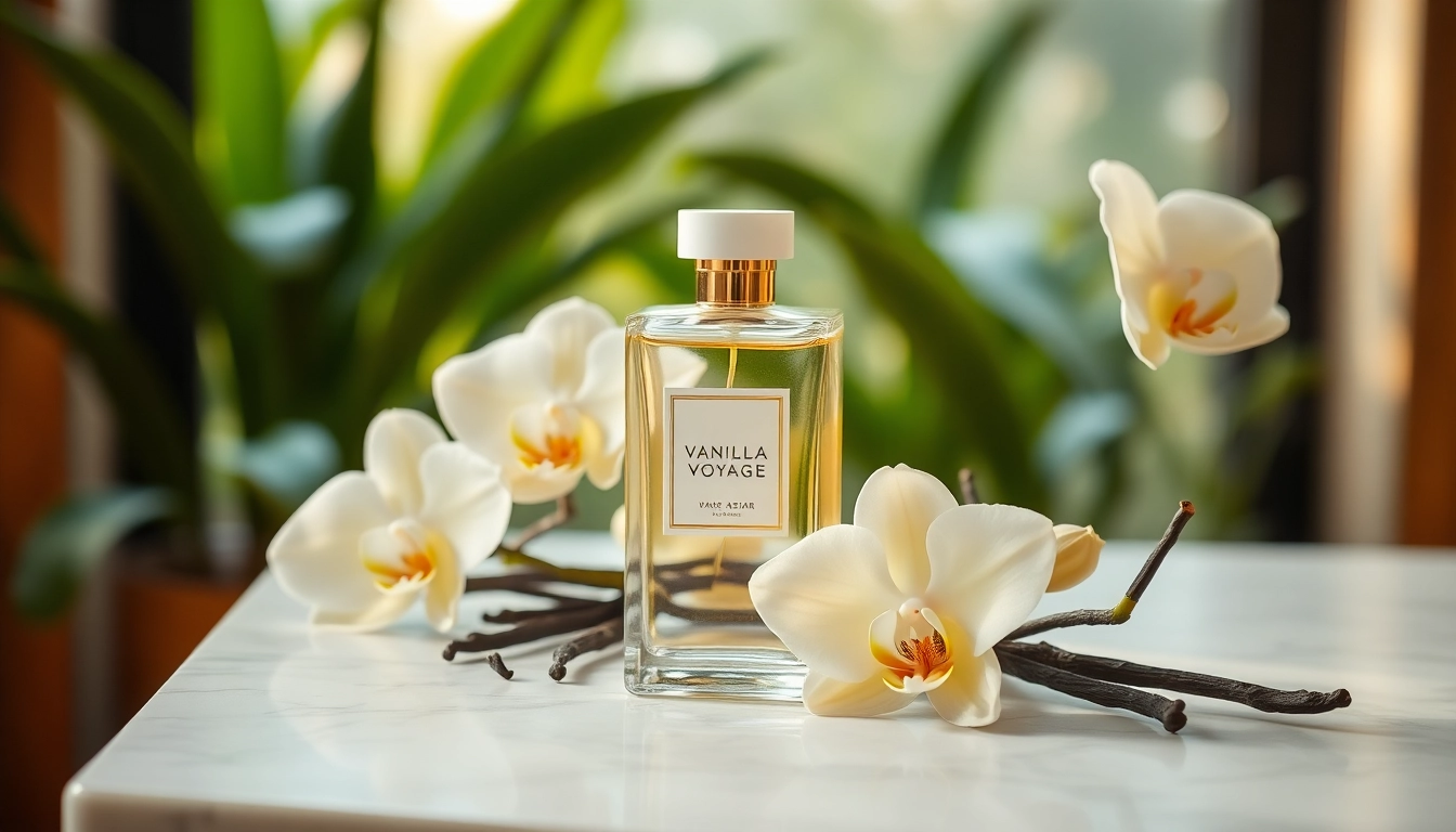Admiring the Vanilla Voyage by Maison Asrar perfume bottle surrounded by natural elements.