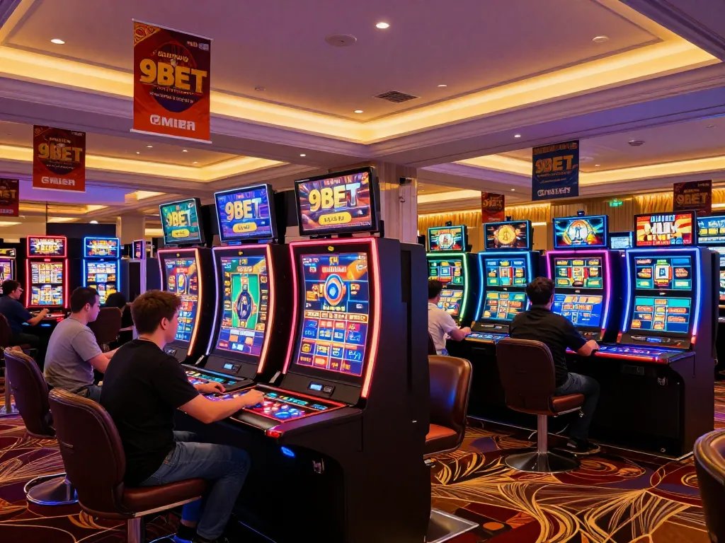 Engaged players enjoying betting excitement at 9BET casino gaming stations, showcasing vibrant atmosphere.
