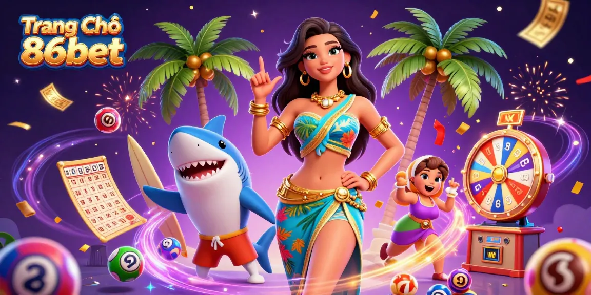 Experience the excitement at Trang Chủ 86bet with vibrant lottery elements, a beach goddess, and festive gaming atmosphere.