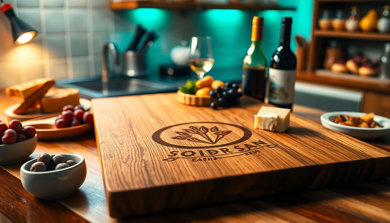 Aangepaste borrelplank met logo, elegant gepresenteerd met tapas en wijn, die het verfijnde vakmanschap laat zien.