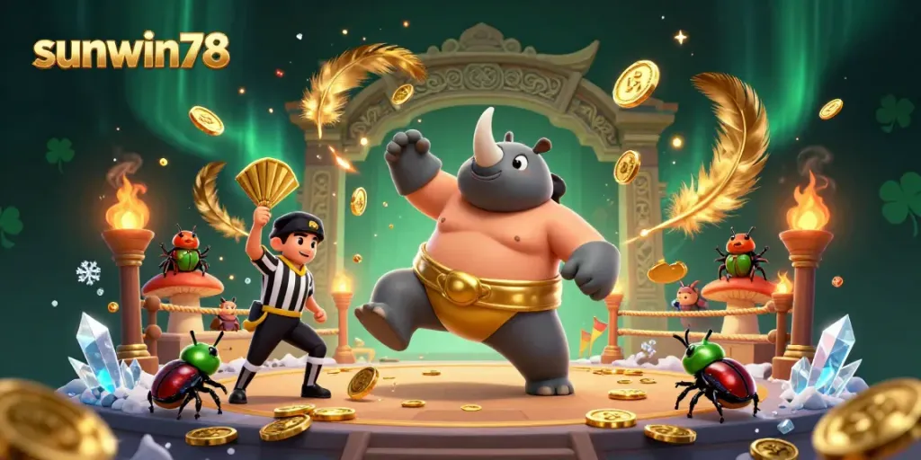 Experience sunwin78's thrilling casino atmosphere with a sumo beetle champion, coins flying in dynamic action.