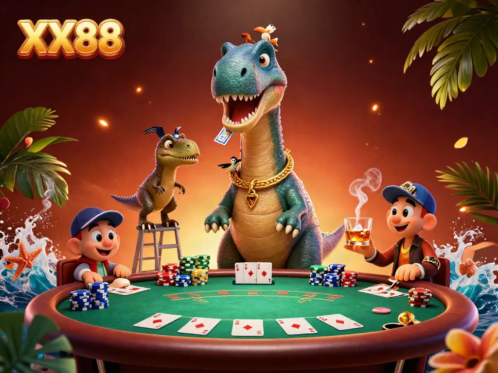 Experience XX88's vibrant casino scene with a giant brontosaurus overlooking an animated poker game.