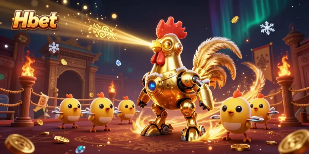 Engage with Hbet's thrilling adventure with a robot rooster leading drones in a vibrant casino battle scene.
