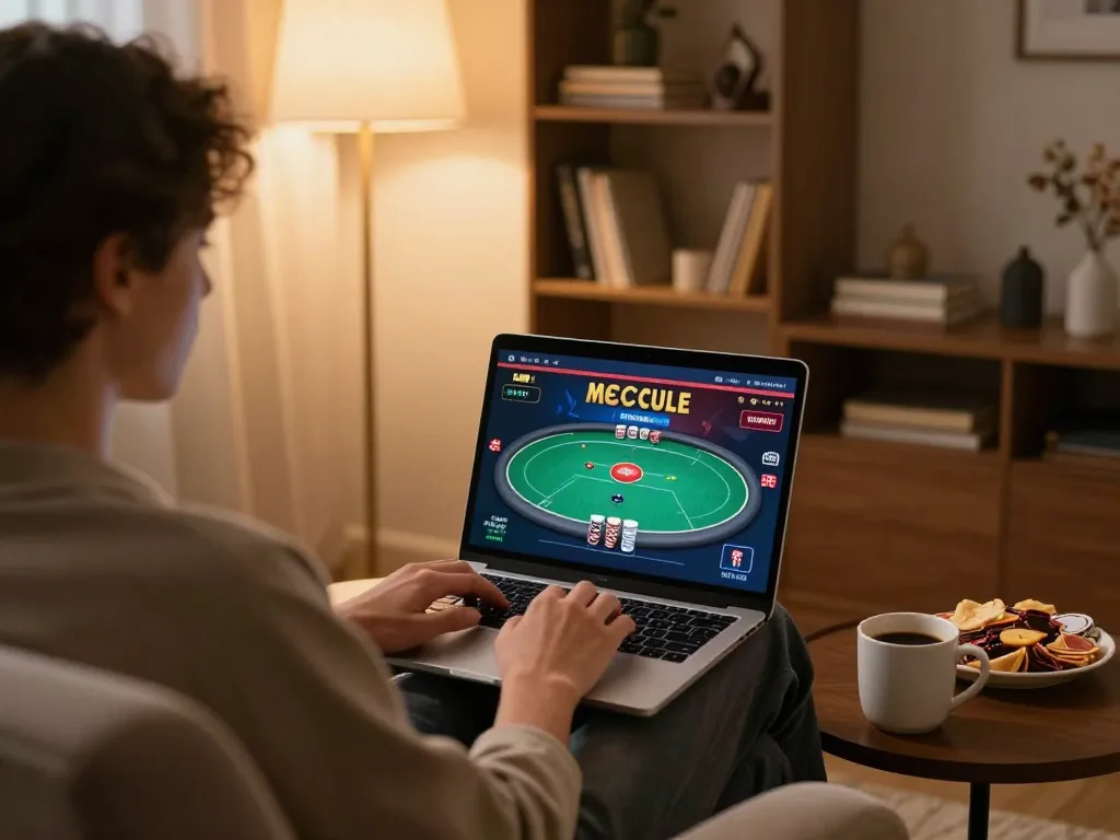 Player enjoying va88 online poker game from a cozy home setting with warm lighting.