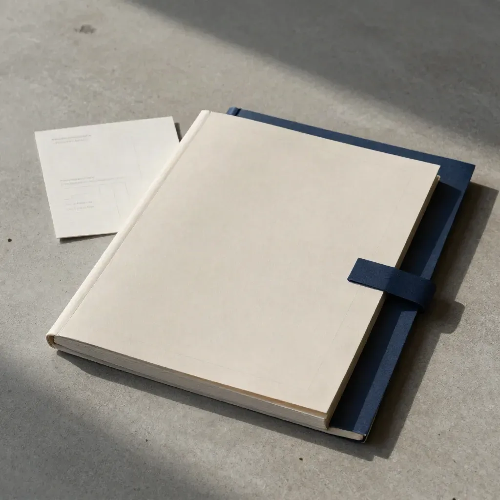 Overhead flatlay van een diepblauw marketingplanfolio met kaarten en notitieboek op beton.