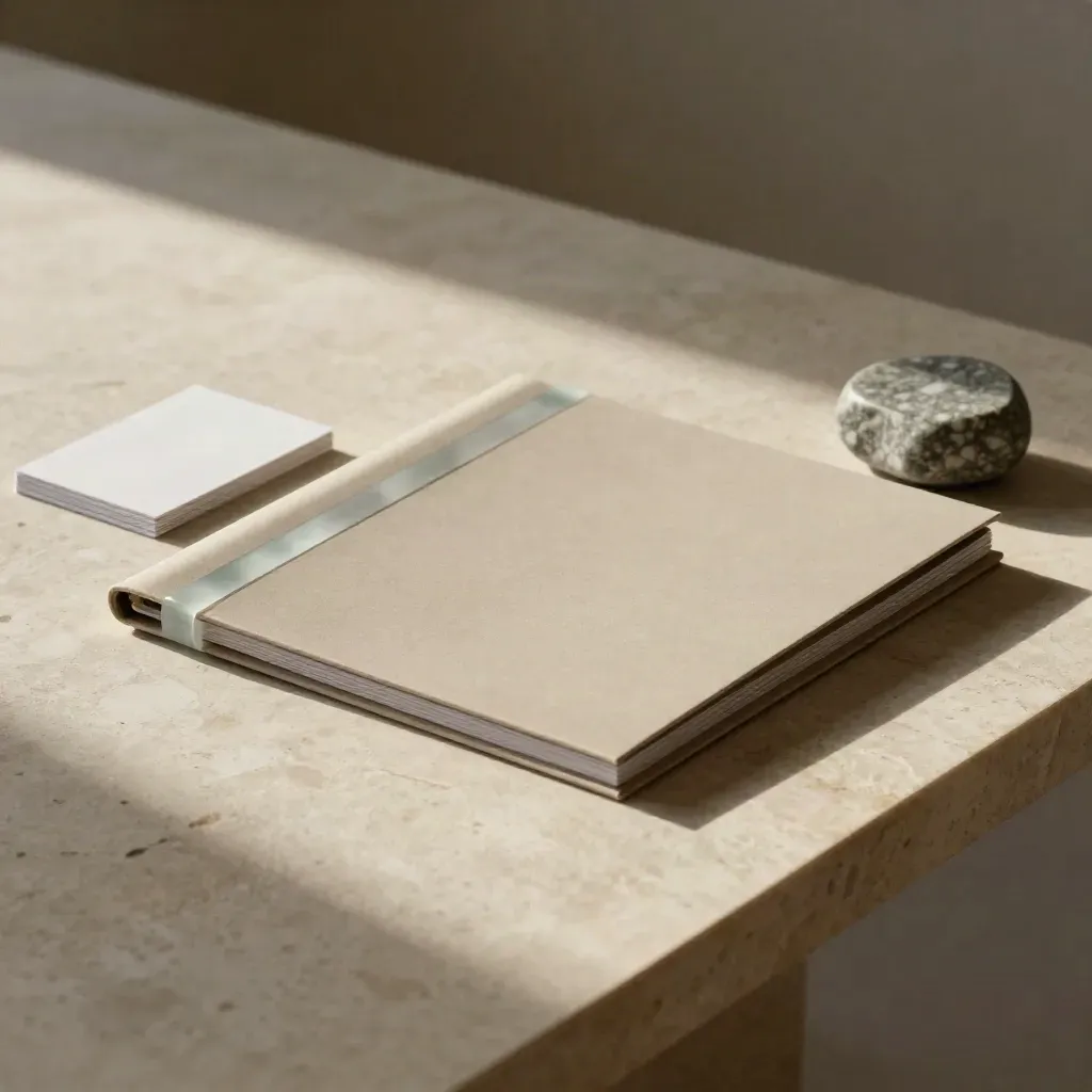 Folio met groeiplan, kaartjes en stenen papiergewicht op lichte stenen tafel.