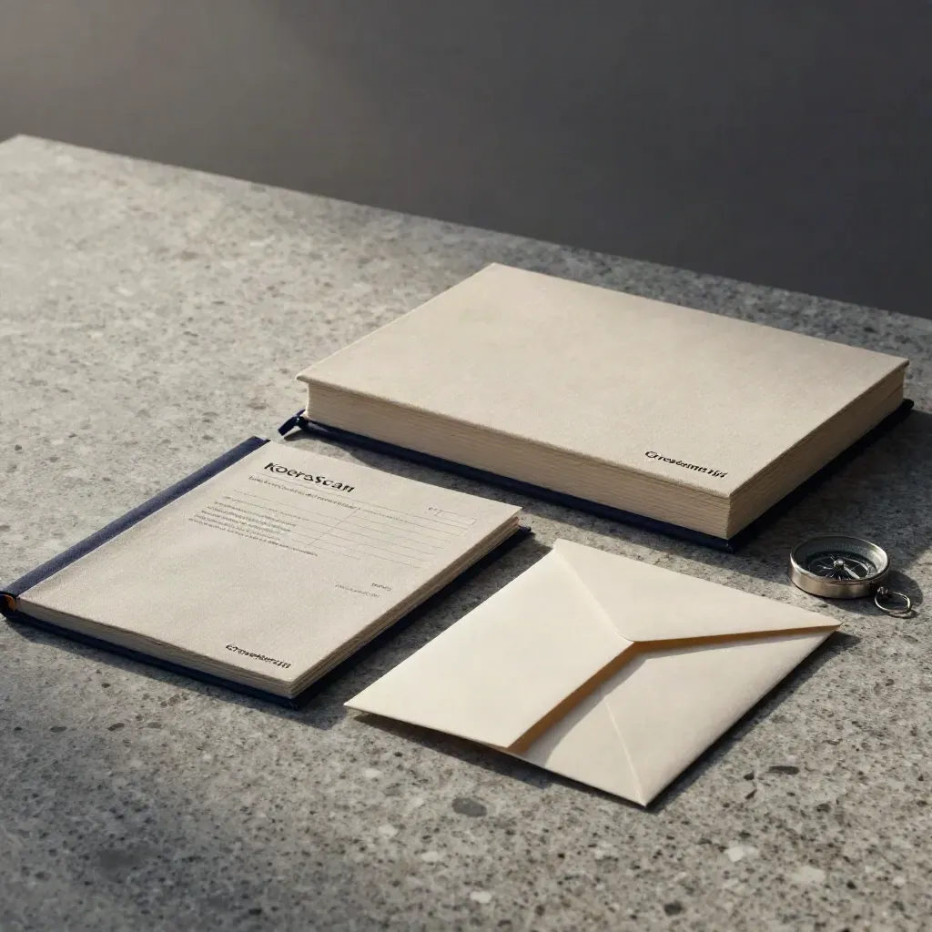 Luxe groeistrategieset op travertin met folio, werkboeken, kaarten en kompasgewicht in mistig ochtendlicht.