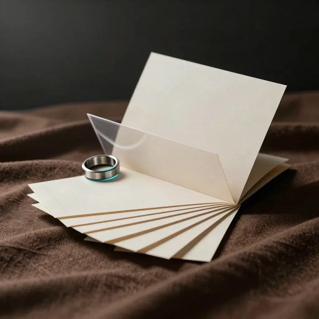 Auditkit met transparante sleeve en scorecards op donker textiel, in zacht licht.