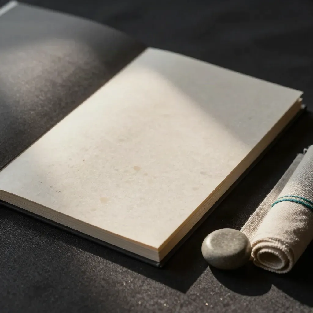 Close-up van startmeting-kit op donkere stof met folio, kaart, steentje en linnen strook.