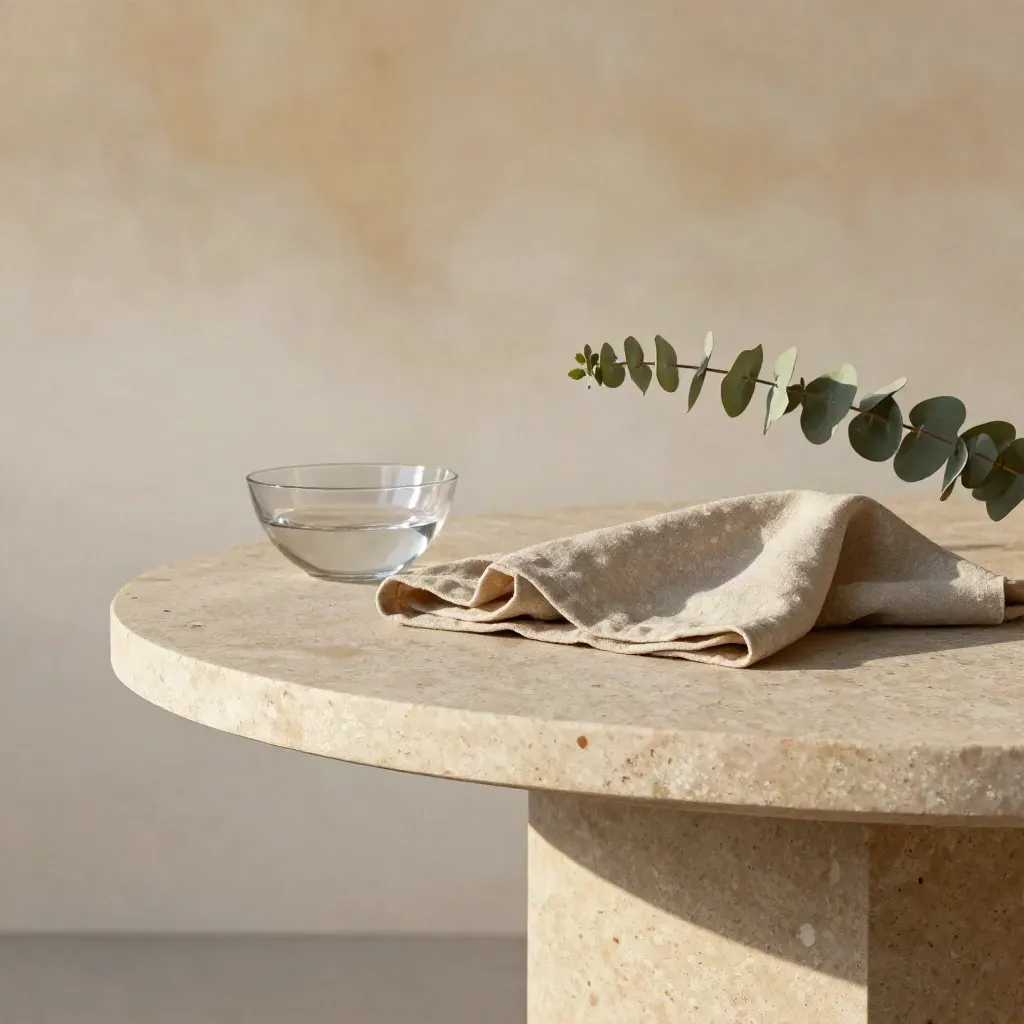 Travertijn tafel met linnen doek, glazen schaal en eucalyptus in zacht ochtendlicht.