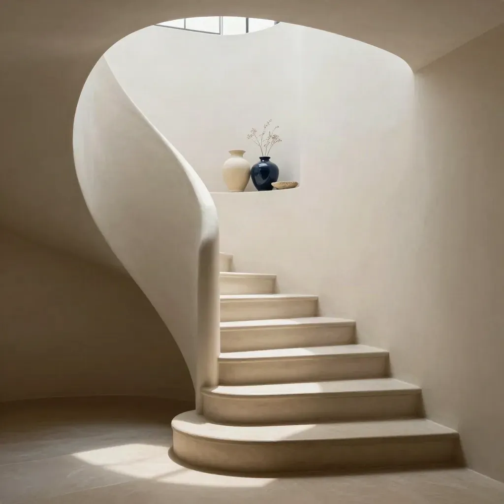 Stairwell met gebogen wand en keramiek, zacht daglicht en veel rustige ruimte voor tekst.