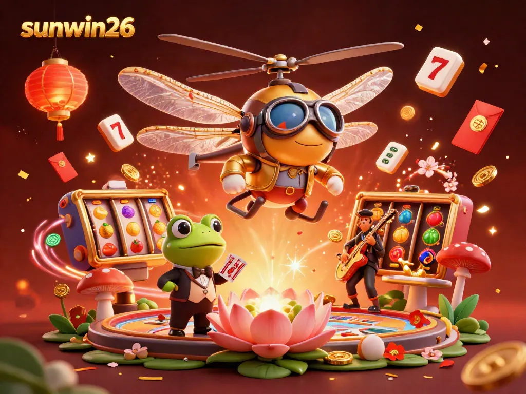 Engage in dynamic gameplay with sunwin26 at a vivid lily pad casino featuring unique characters and festive elements.