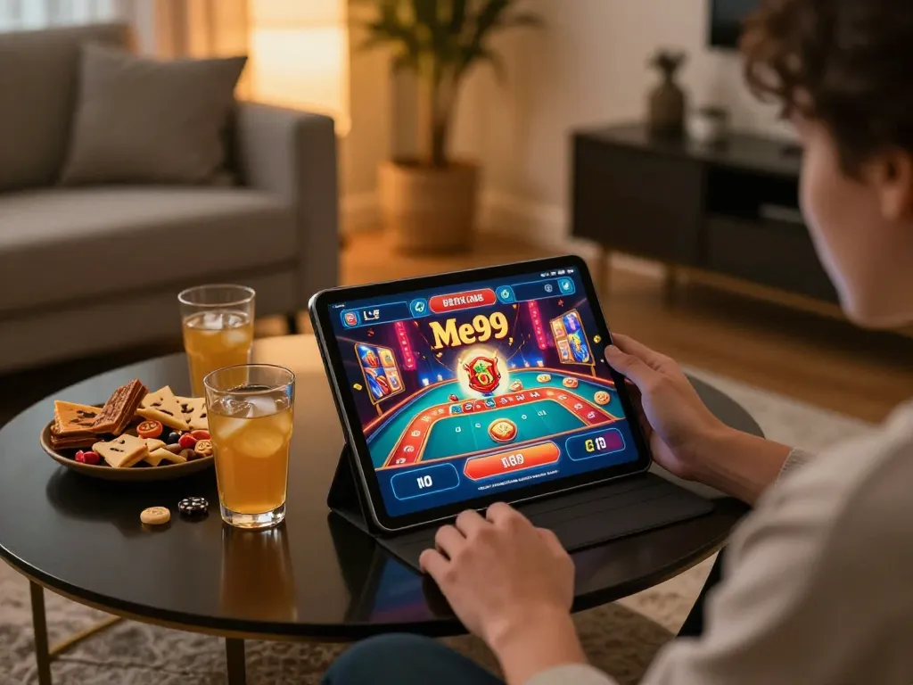 Engaging with the Me99 casino app on tablet showcasing dynamic gameplay and cozy home atmosphere