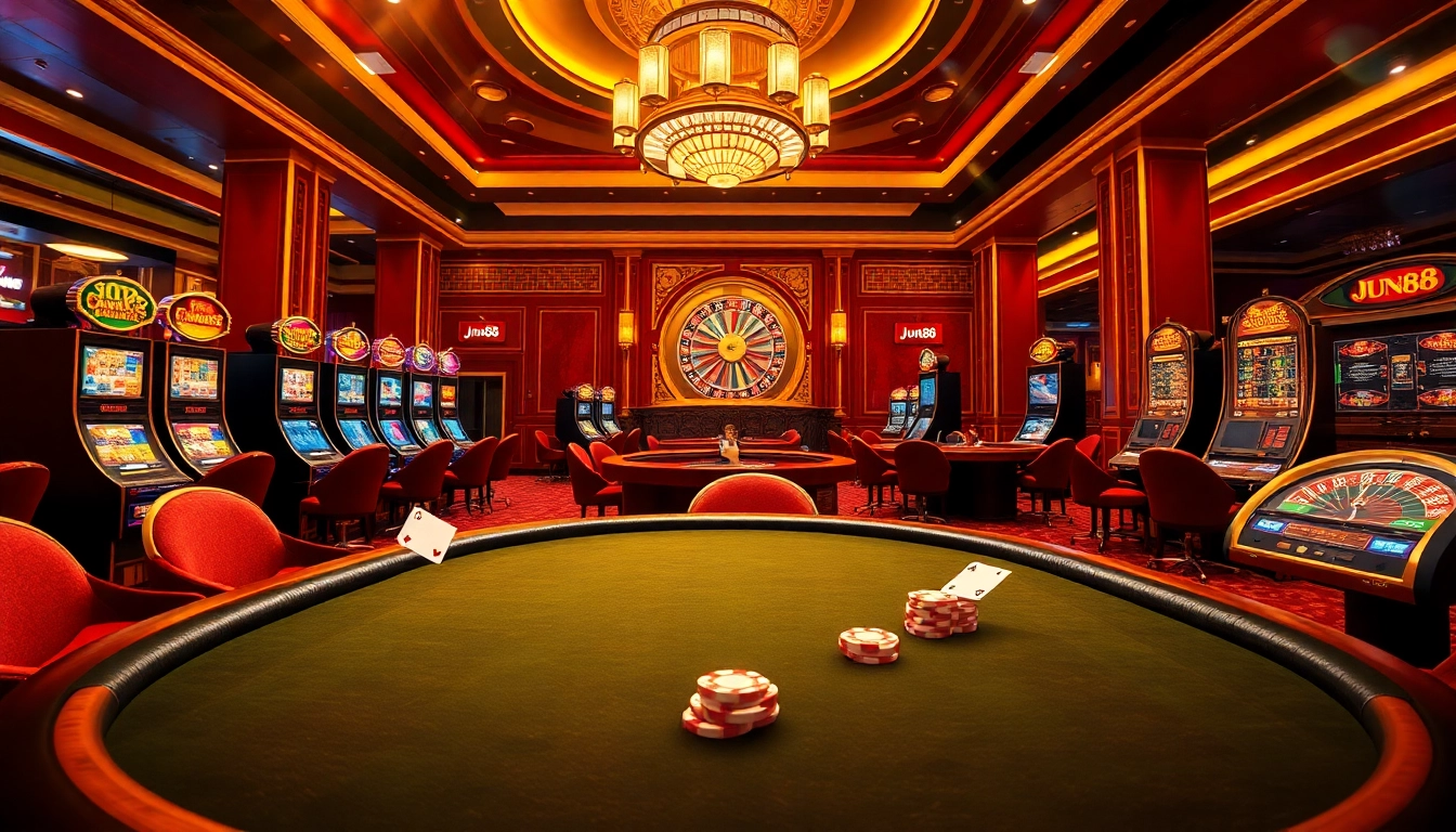 Experience the thrill of Jun88 at an elegant casino table with vibrant slot machines.