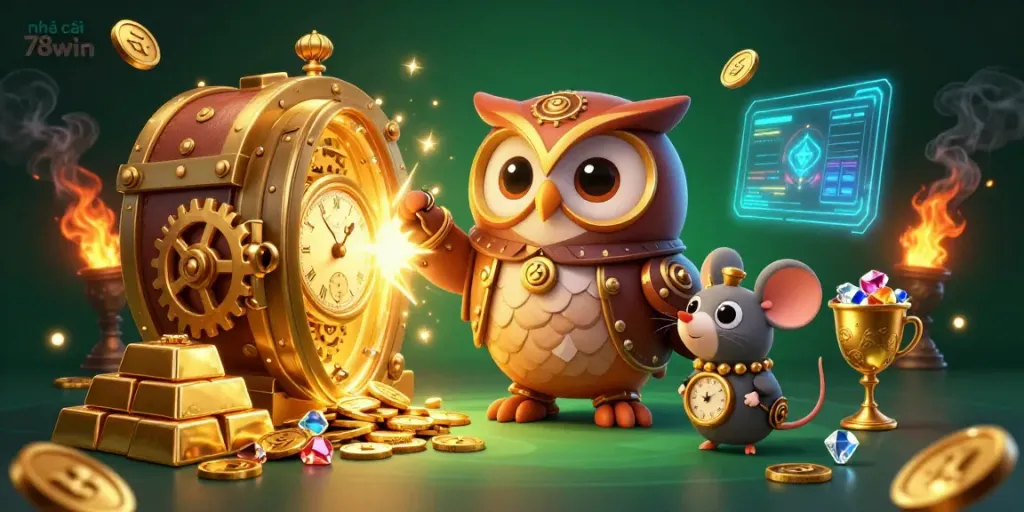 Experience the vibrant world of nhà cái 78win with a whimsical 3D illustration of a casino scene featuring a time-traveling owl.