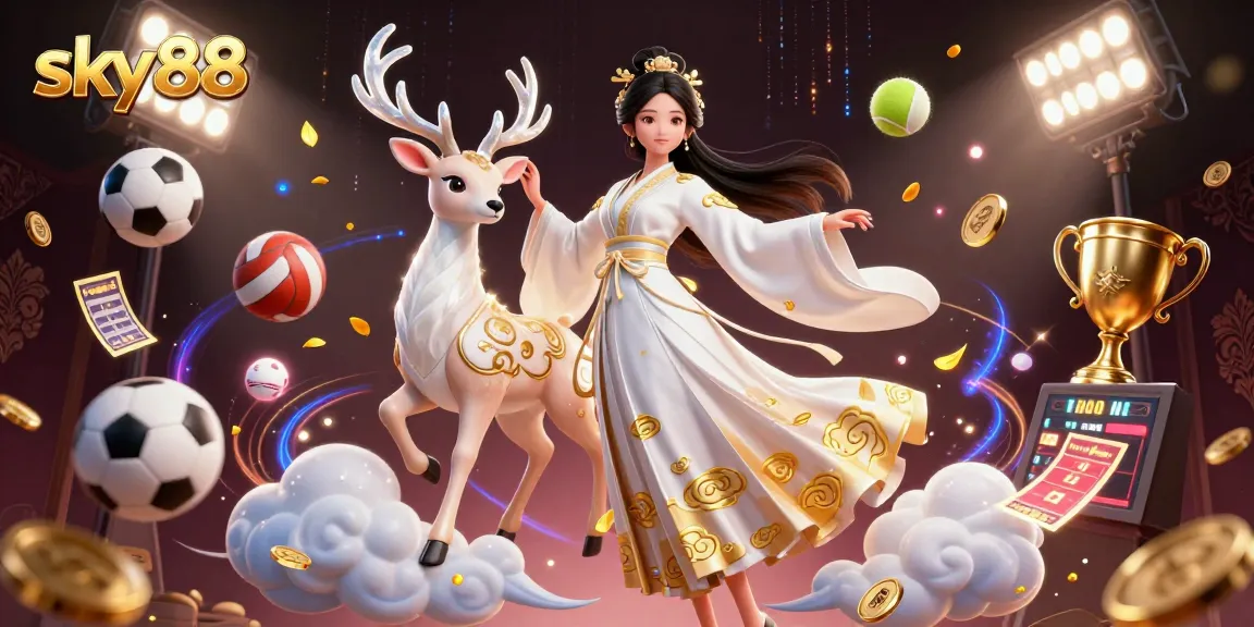 Experience thrilling gameplay with sky88 through dynamic sports betting and casino elements in this vibrant illustration.