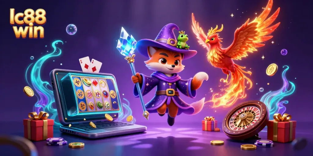 Experience the excitement of lc88 win with vibrant casino gaming characters and elements dynamically intertwined.