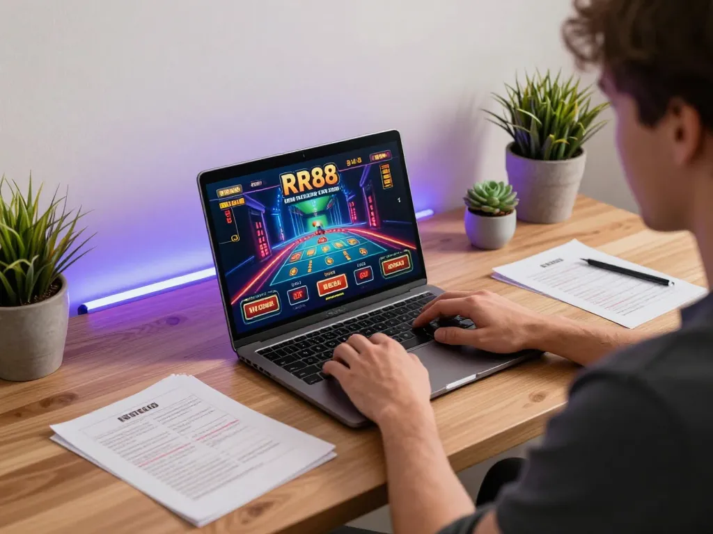 Player engaged in RR88 casino game on laptop, showcasing online gaming strategy.