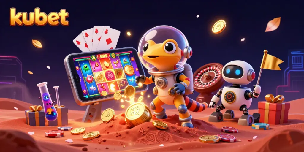 Engage in kubet's thrilling golden casino adventure with our brave Martian gecko and robot sidekick.