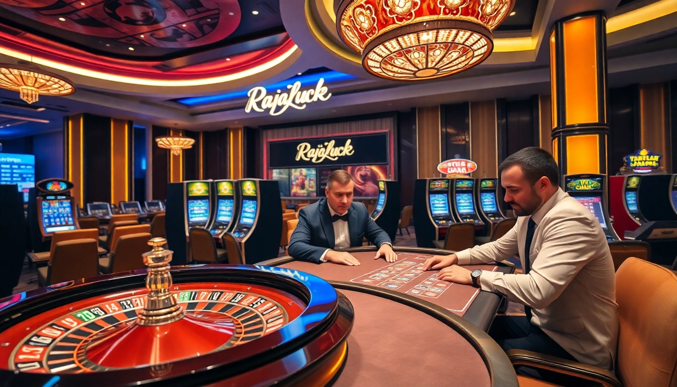 Intense gameplay at Rajaluck’s casino with roulette wheels, poker tables, and high-stakes players.