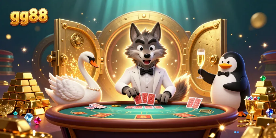 Experience the thrill of gg88 as a debonair wolf interacts with a classy swan and penguin in a rich casino scene.
