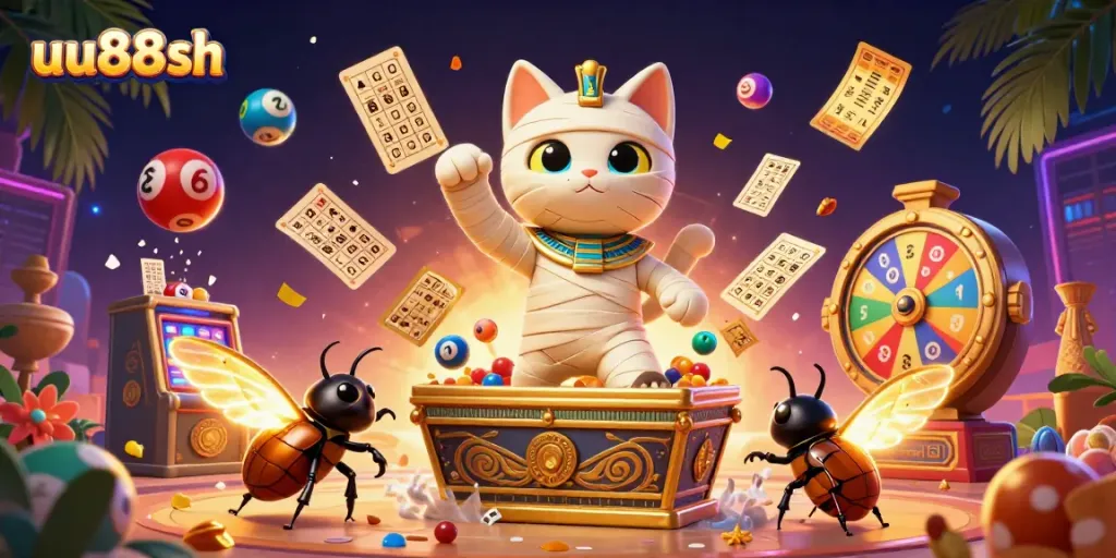Experience the excitement of uu88sh with a cartoon Egyptian mummy cat and dynamic casino elements.
