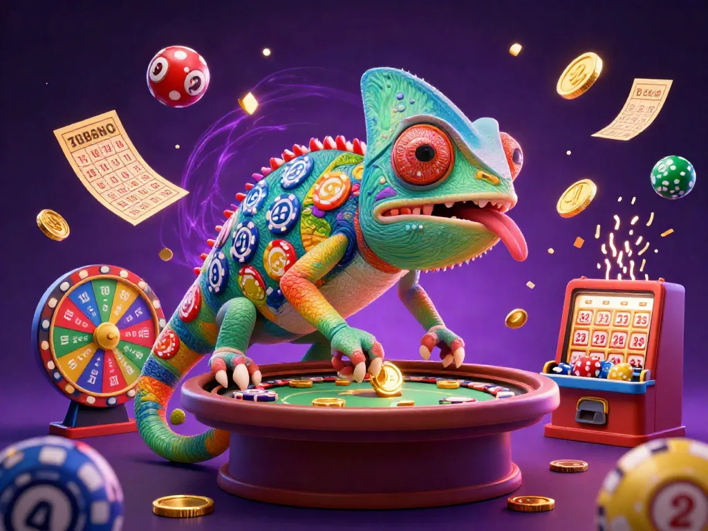 SX88 casino owner chameleon catching golden coins amidst vibrant gaming elements for a thrilling gaming experience.