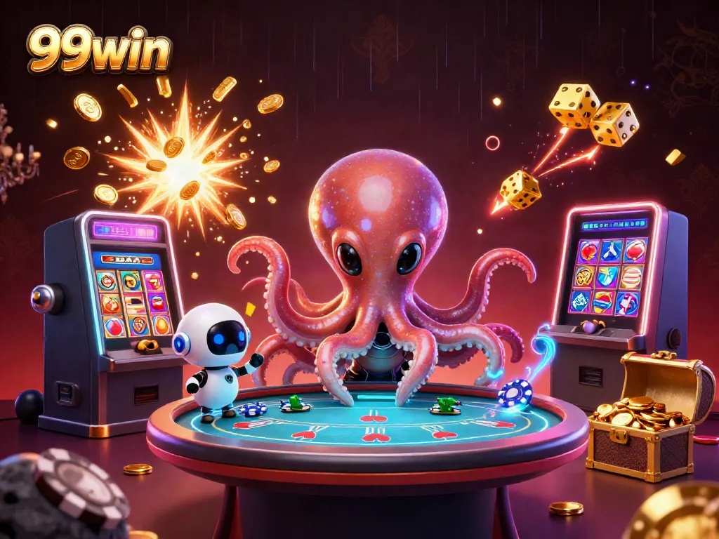 Experience thrilling casino gameplay with 99win's vibrant octopus and robot at a dynamic poker table.