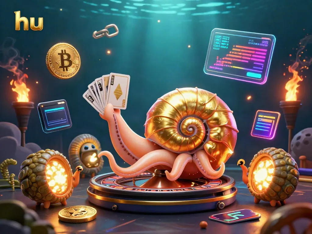 Experience the thrill with hu in this vibrant 3D casino scene featuring a glowing nautilus and crypto elements.
