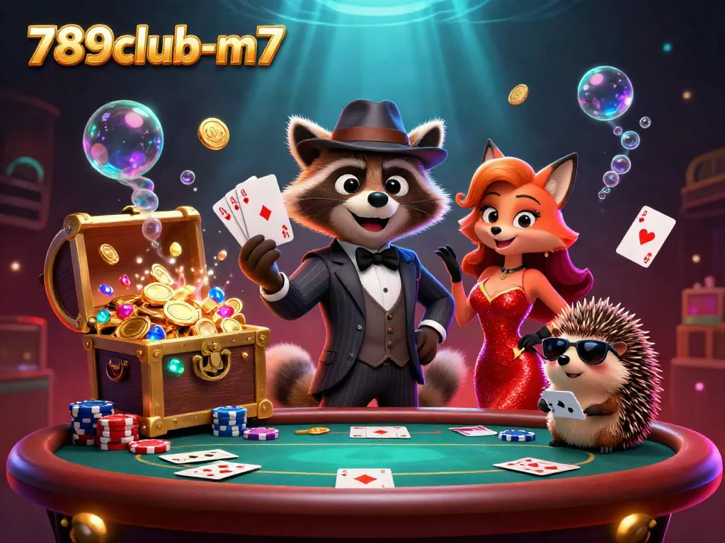 Engage with thrilling poker action at 789club-m7, featuring a suave raccoon, stylish fox, and a bouncer.