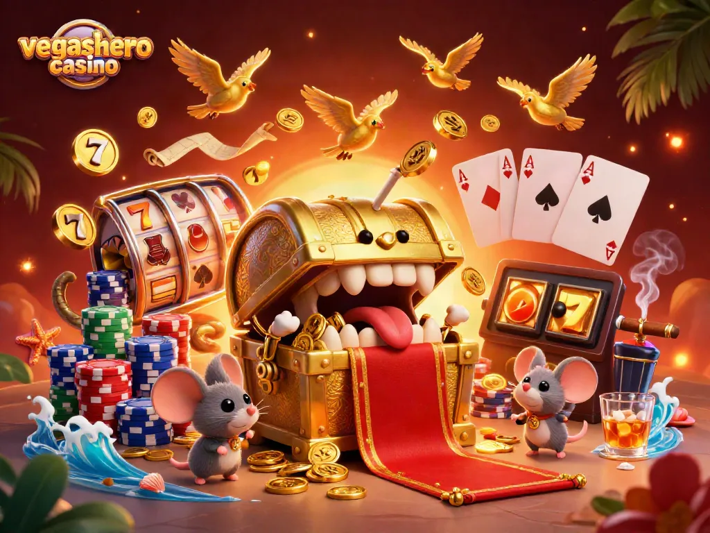 Experience the thrill of vegashero casino with a vibrant 3D illustration of cartoon treasures and game elements.