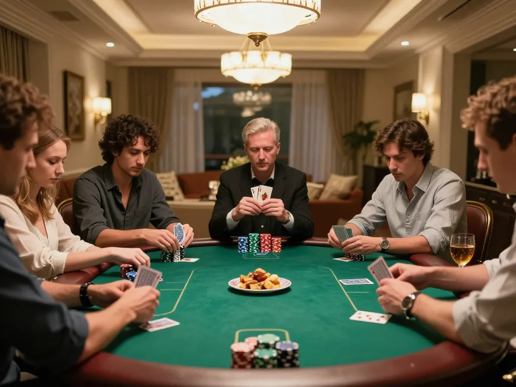 Players strategizing in a private poker game while enjoying XIBET atmosphere with elegant decor.