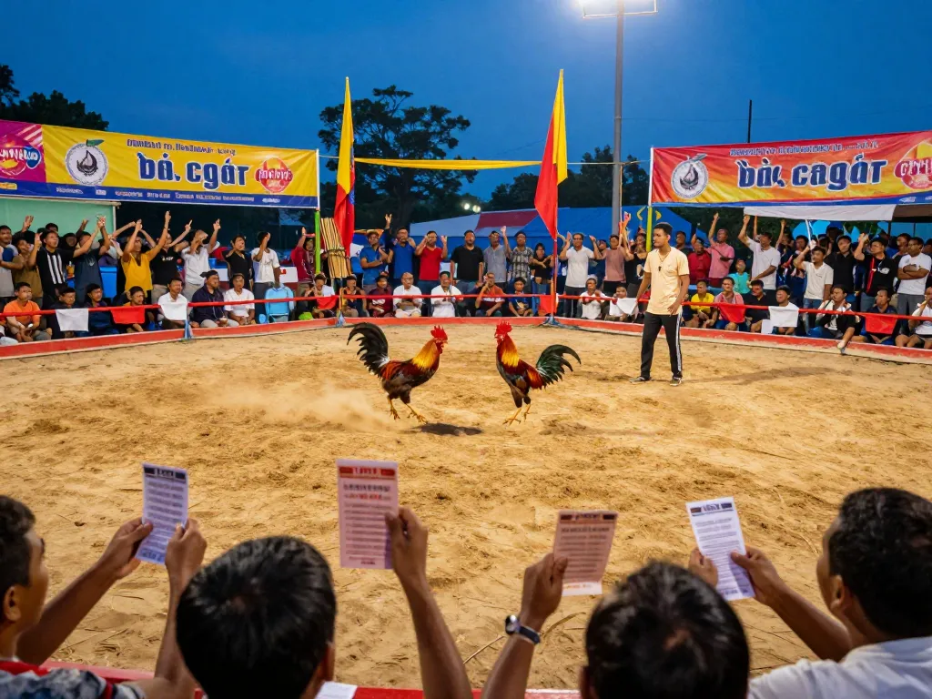 Exciting Đá gà Fabet match showcasing roosters in action with spectators cheering.
