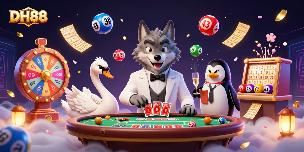 Experience the thrill of DH88 with a debonair wolf, swan dealer, and champagne in an exciting casino scene.