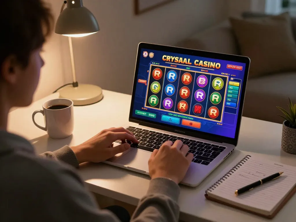 Betrokken online gaming bij Crystal Roll Casino, met laptop en een levendige interface van een gokkastspel.