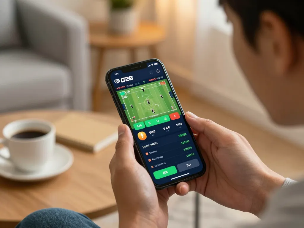 Engaging G28 trang chủ action shot of a player betting on sports while enjoying home comfort, highlighting strategy.