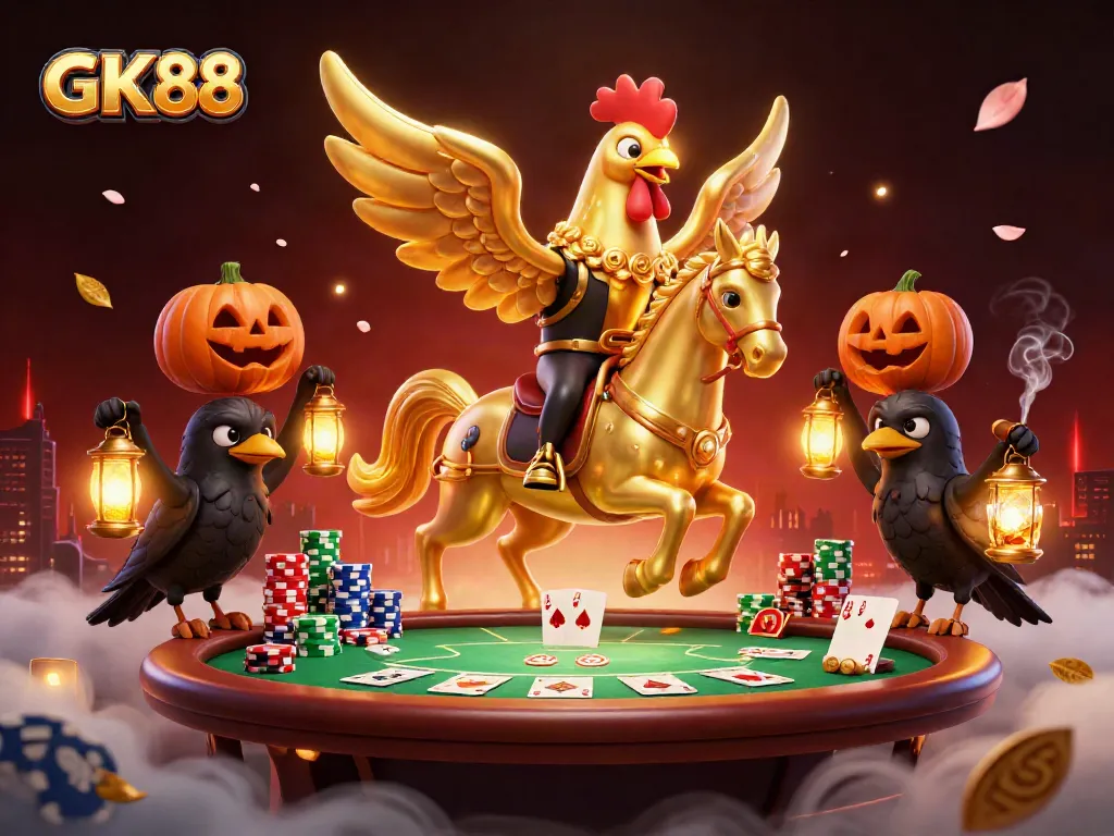 Experience GK88's thrilling midnight casino atmosphere with its golden rooster and unique gaming elements.