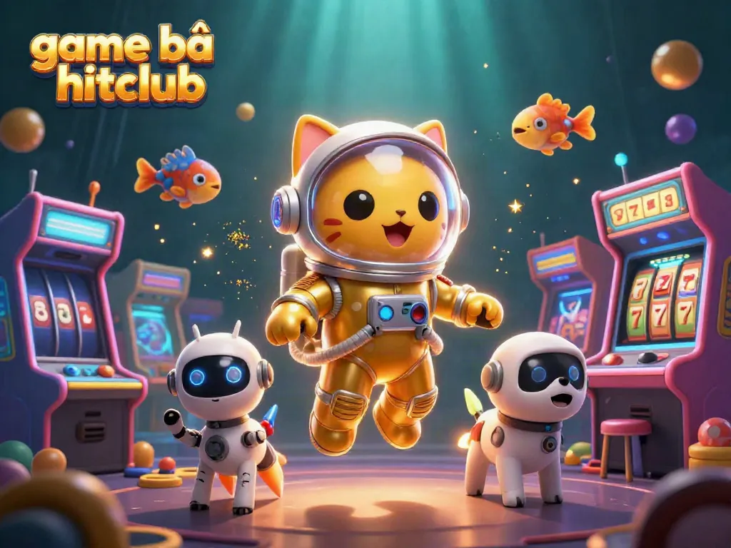Experience the thrill of game bài hitclub with a dynamic casino-themed illustration featuring an astronaut cat and retro elements.