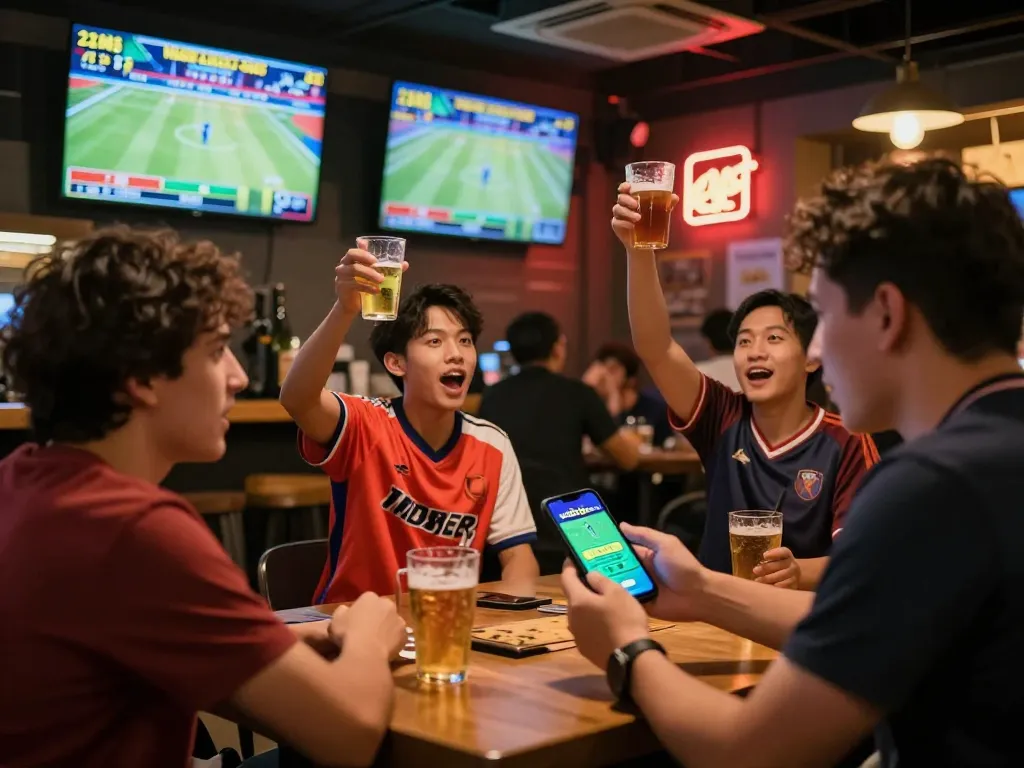 Engaged sports bettors celebrating on vb88game app at a lively sports bar.