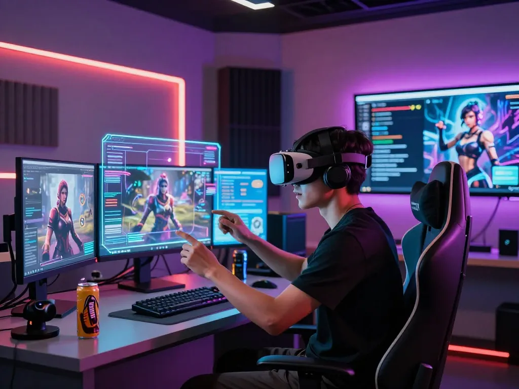 AI NSFW character interaction in a high-tech virtual reality studio, showcasing immersive digital engagement.