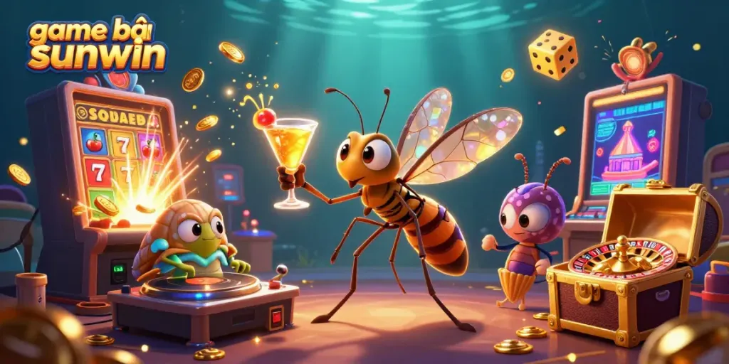 Experience the thrill of game bài sunwin with a vibrant 3D illustration of casino elements and characters.