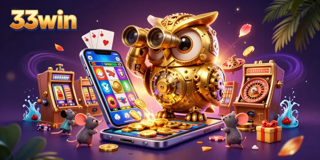 Engage with 33win's vibrant casino scene featuring a golden owl illuminating the gaming floor.