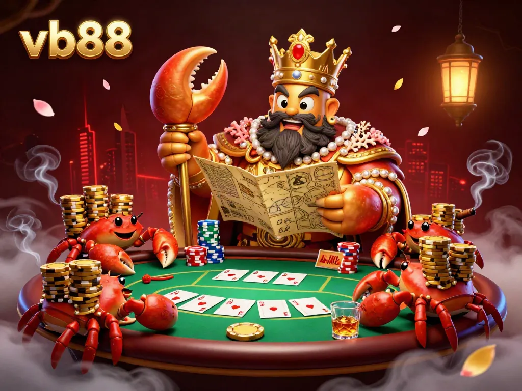 Engage with vb88 in a dynamic 3D casino scene showcasing vibrant poker action with a golden crab emperor.