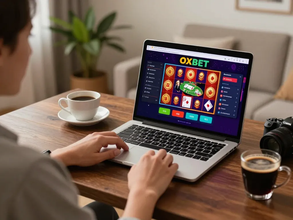 Person engaging with OXBET online casino gaming interface, showcasing dynamic betting action in a cozy home setup.