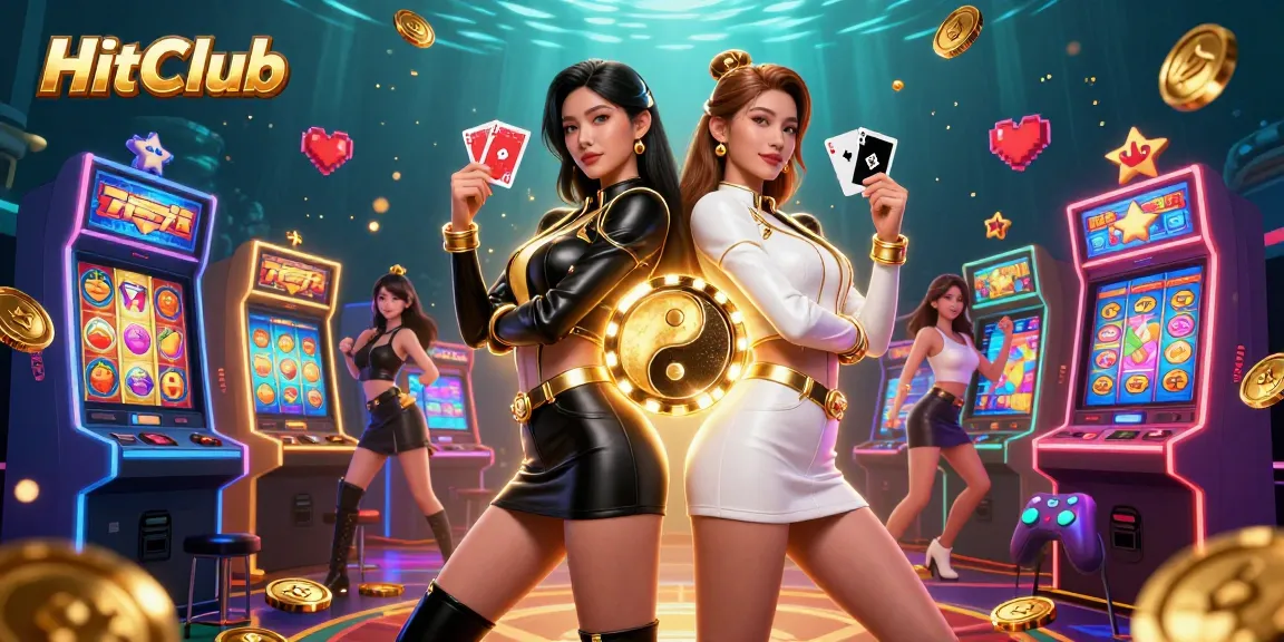 HitClub showcases twin Asian women holding playing cards with dynamic slot machines surrounding them.