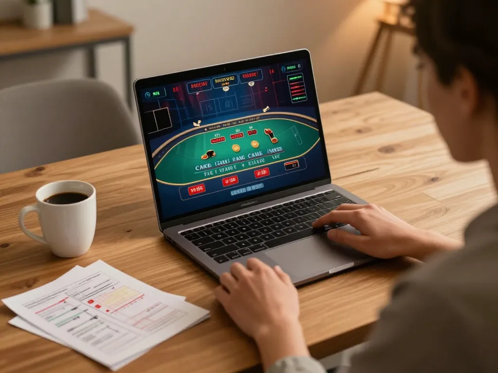 Person engaged in live o8casino gameplay at home, showcasing strategy and excitement.